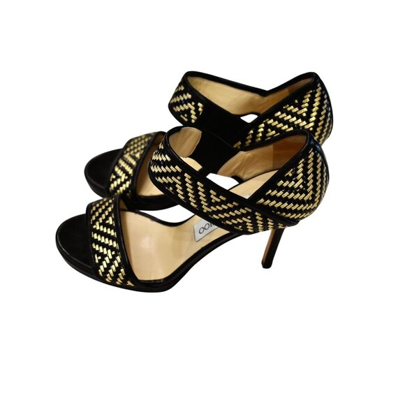 Women's Jimmy Choo Leather Black and Gold Ankle Strap Stiletto Size 37/7 - Picture 1 of 10
